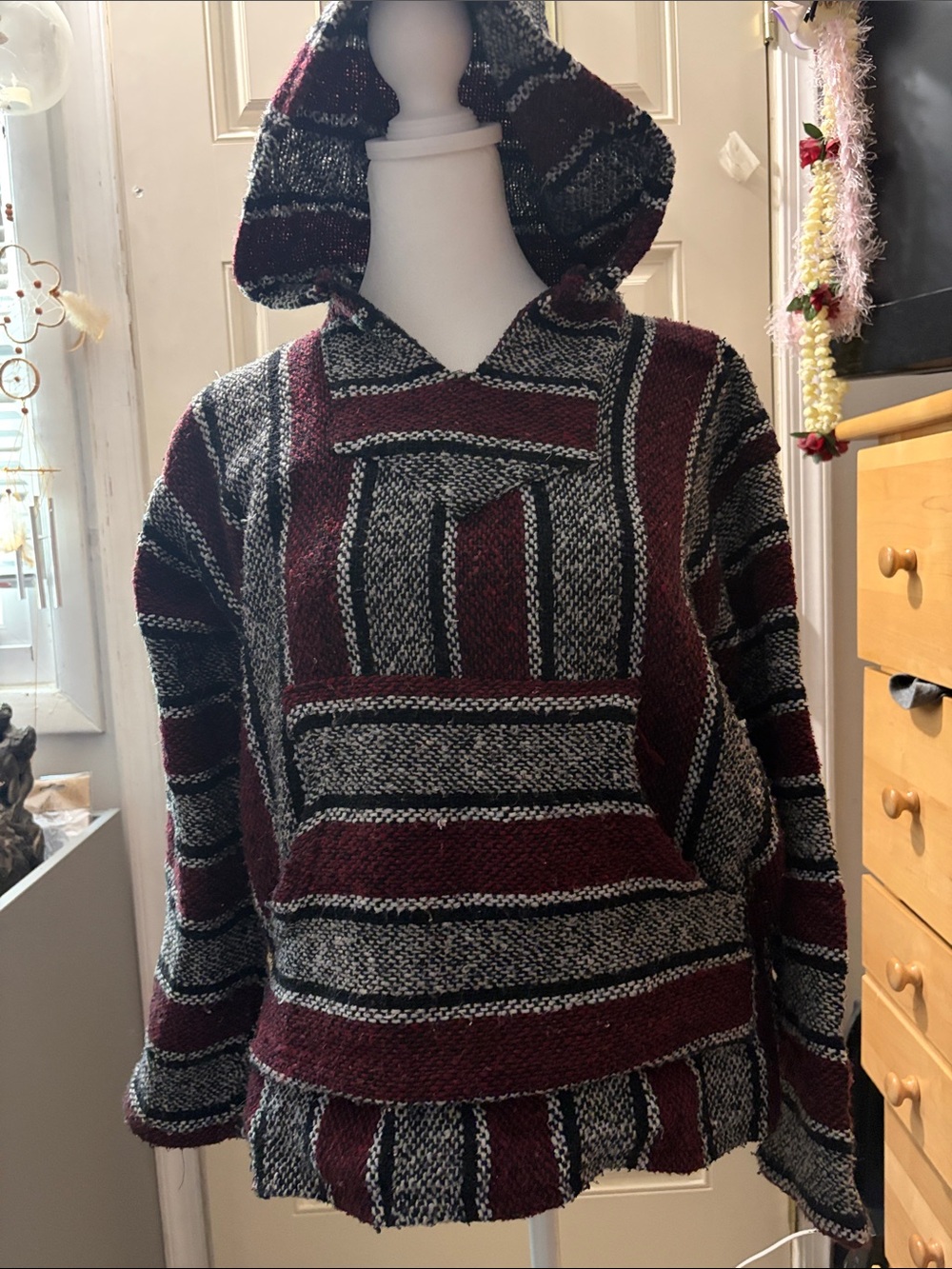 Striped V-Neck Sweater - Maroon and Gray